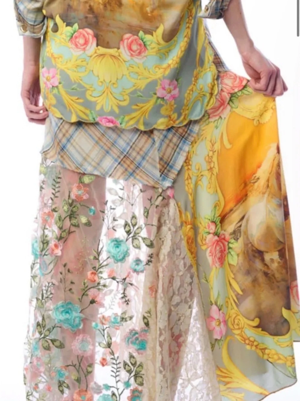 Aratta Mixed Floral Patchwork Maxi Skirt in Pastel Multi & horse - Picture 3 of 5